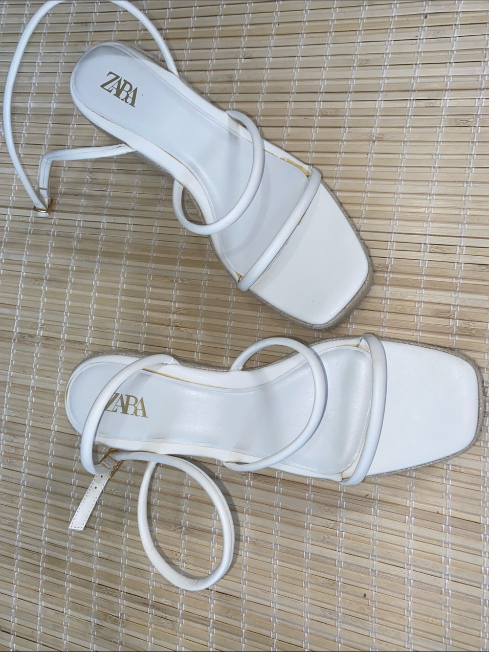 ZARA White Strappy Square-Toe Heeled Sandals with Ankle Tie